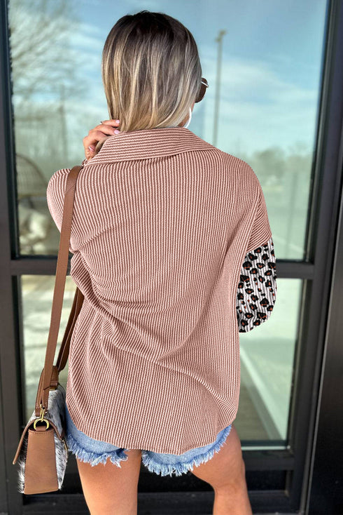 Leopard Sleeve Contrast Chest Pockets Corded Drop Shoulder Shirt Jacket